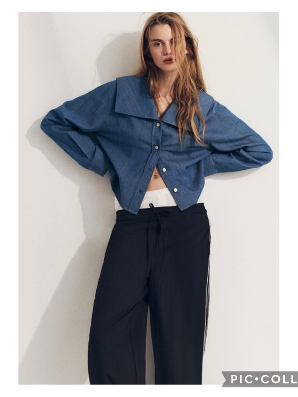 EUC Zara Denim Effect Bib Collar Denim-Button Up Cropped Shirt